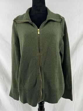 Jones New York Olive Zip-Up Knit Cardigan with Gold Hardware